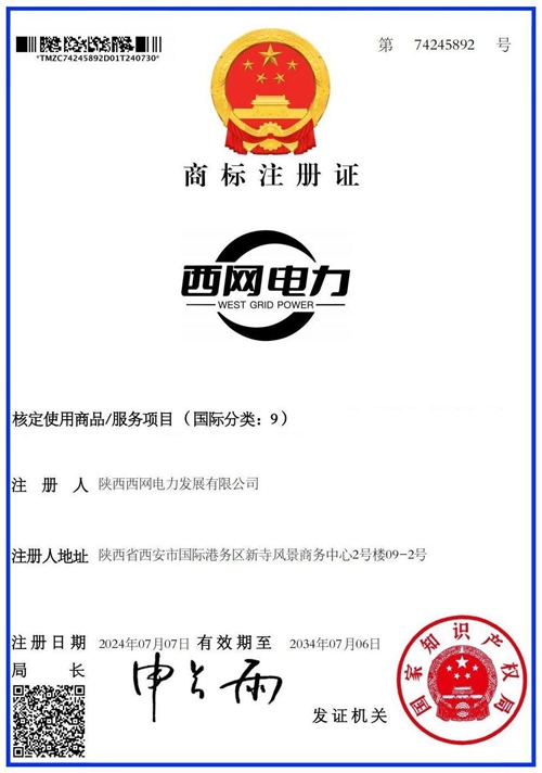 西网电力（图形）9类商标注册证